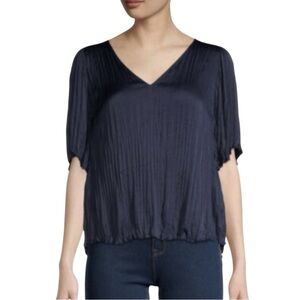 NEW Vince Crushed Satin Flutter Sleeve Blouse V-Neck Blouse Navy Blue – Sze XS